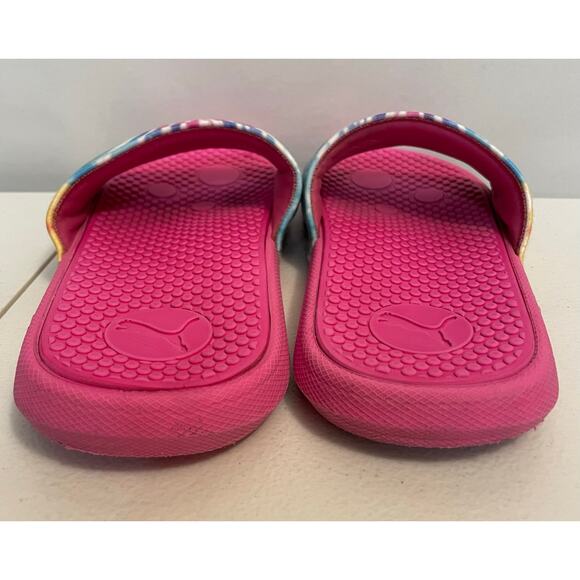 PUMA girls size 2 pink slide tie dye swirl color yellow blue slipper flip flop - Picture 4 of 9